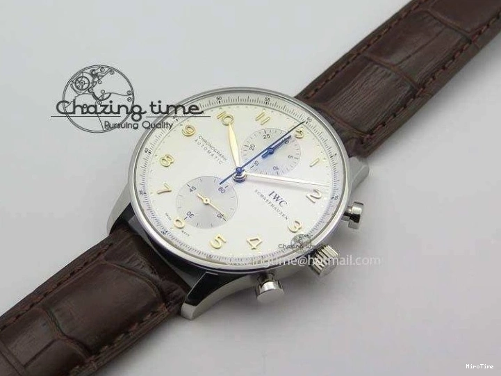 MIROTIME 0126 ModernLook Portuguese IW371445 ZF 1:1 Best Edition SS White Dial Gold Markers On Brown Leather Strap A79350 V 7269